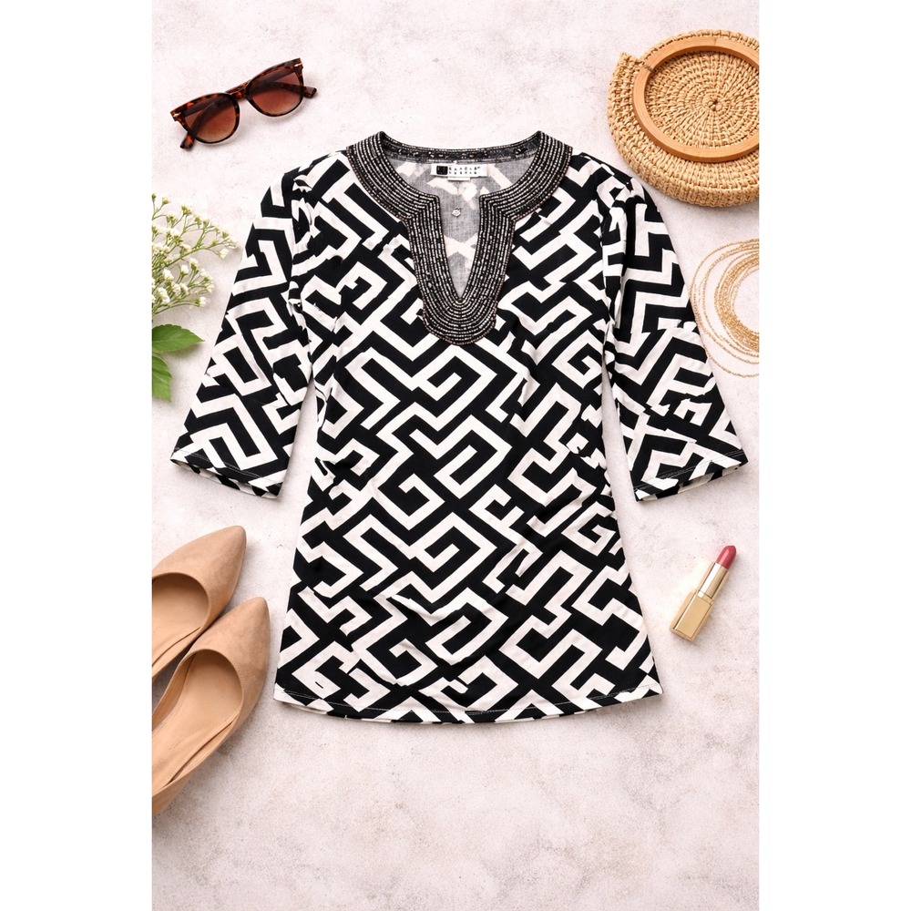 Carole Little Linen Beaded Tunic Top S Black White Geometric Resort Beach Summer